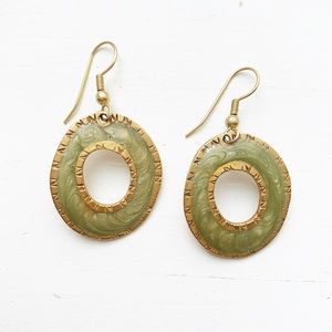 Gold tribal & green enamel drop hoop earrings